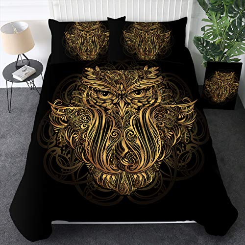 Sleepwish Duvet Cover Owl Pattern Bedding Set Black And Gold For Boho Boys Men 3 Pieces Zipper Closure Corner Ties (King) #TOP30
