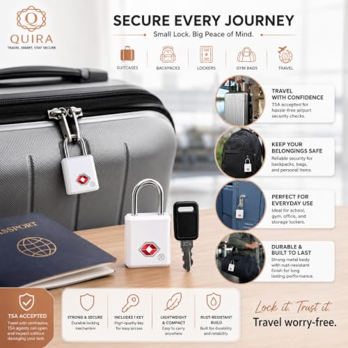 Image of QUIRA TSA Approved Travel Padlock with Key, Luggage Lock for Suitcase, Backpack, Locker & Travel Bags, Heavy Duty Security Lock (White)