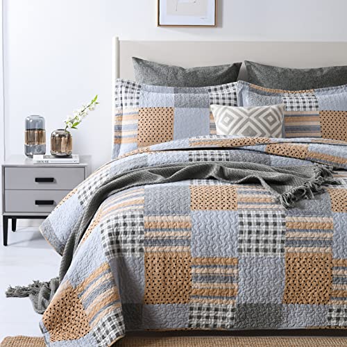 Pangushan Quilts Set Queen Size,100% Cotton Quilt,Plaid Patchwork Queen Quilt Bedding Set Bedspread,Grey/Orange Lightweight Comforter Reversible Bed Spread For Queen Bed,3 Pieces #TOP2