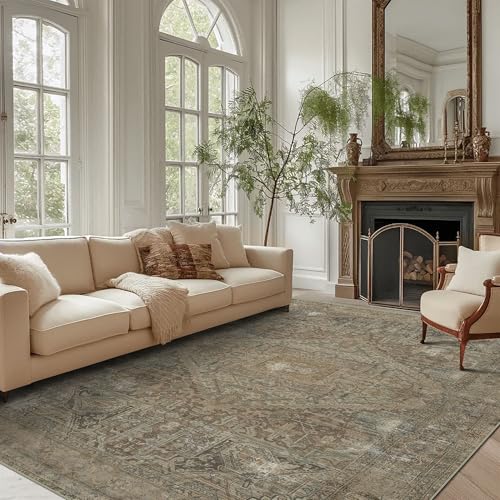 vivorug 9x12 Area Rugs for Living Room, Non Slip Machine Washable Vintage Rug, Ultra-Thin Lightweight Large Area Rug for Bedroom, Dining Room, Low Pile Rug Olive