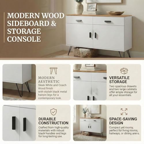 Image of FFO cabinets for Living Room | Wooden Living Room Storage Cabinet with Drawers, Side Cabinet for Bedroom, Modern Wood Finish, 2 Door Cupboard with Metal Legs White and Coach Wood DIY.