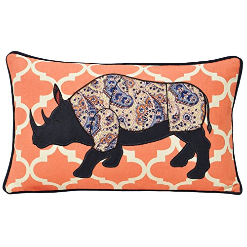 Riva Paoletti Kruger Rhino Cushion Cover - Coral Orange - Appliqued Paisley Rhino Design - Trellis Background - Piped Edges - Machine Washable - Viscose and Linen - 30 x 50cm (12" x 20" inches)