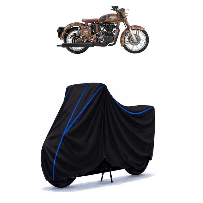 Image of Classic 500 STD Bike Cover Water Resistant Universal Motorcycle Rain | Heavy Duty UV Protection, Dust, Scratch Indoor Outdoor All Weather with Black Blue Piping Elastic