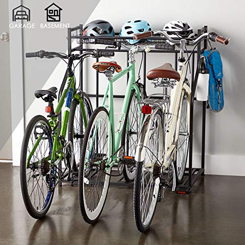 SNAIL 3 Bike Stand Rack with Storage for Garage Use, Freestanding Bicycle Instant Floor Parking Stand for Parking Road, Mountain, Hybrid or Kids Bikes, Sports Storage Station Garage Organizer - Black - Thumbnail 4