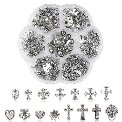 LAKPYN 75 Pièces Breloques pour Ongles Croix Argent Charme avec Coeurs Gothiques Rétro Punk Crânes Manucure Décorations Nail Art, Deco Ongle Nail Art