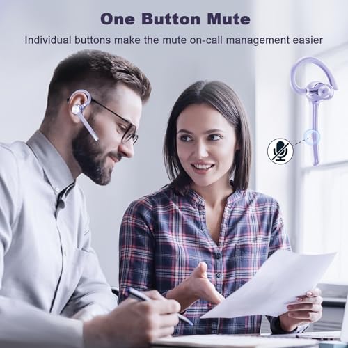 Image of HEIBAS Bluetooth Headset, Wireless Earpiece with Mic for Work | 72H Playtime, 500mAh Charging Case, Hands-Free Calling with Mute Button for Work, Trucker, Office, Driving, Lilac Purple