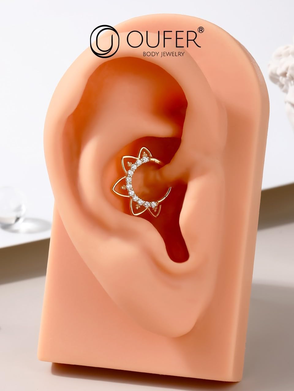 OUFER Daith Piercing Jewelry, 9K Daith Earrings, 16G Opal/Clear CZ Design Daith Hoop Earring, Helix Cartilage Septum Piercing Jewelry