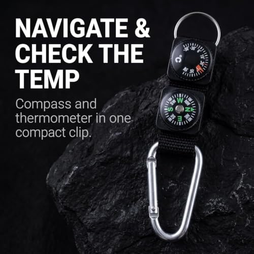 Set de 2 llaveros con mosquetón negro, brújula y termómetro, metal para camping y actividades al aire libre miniatura 6