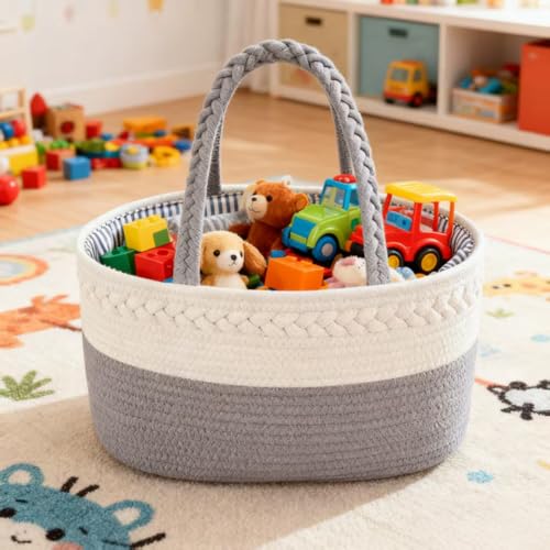 Image of CREVENT Diaper Caddy Organizer, Baby Basket with Handle, Table Organizer for Storage, Portable Car Organizer, Baby Shower Gifts + Gift bag with Ribbon