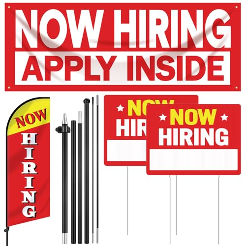 Kritkin 4 Pcs Feather Flag Set Include 2 Now Hiring Sign with Stake 7 ft Now Hiring Feather Advertising Flag Banner with Rope for Business Promotion