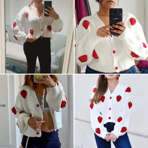 Image of FindThy Women's Kawaii Strawberry Embroidered Cardigan Long Sleeve V Neck Chunky Knitted Cardigans Tops