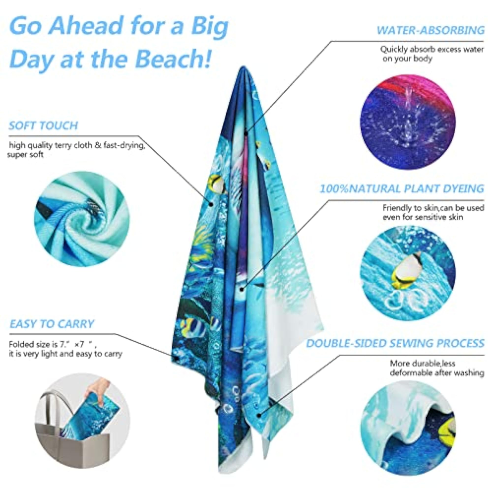 Oversized Microfiber Beach Towel, Ocean Life Shark Design