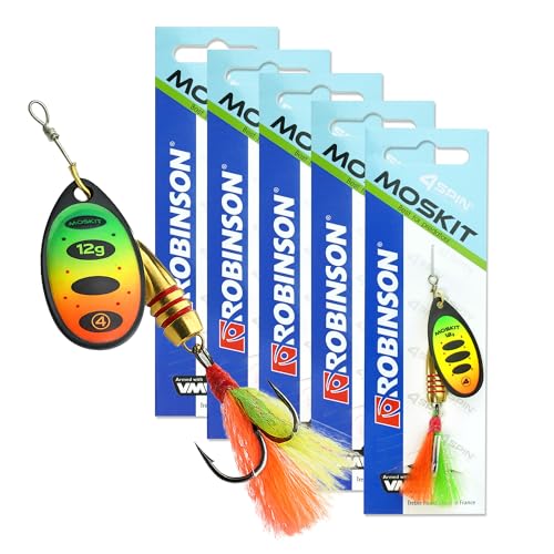 ROBINSON Spinner Angelköder 5er Set mit intensiven Vibrationen & breitem Spinnerblatt - VMC-Drillingshaken & Reizfaden Kunstköder für Hecht Barsch & Forelle (Fluo Tire Größe 4 (12g) - 5 Stück)