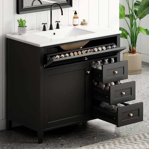 Image of 36 inch Bathroom Vanities with Top Set, Cabinet with Right-Side Multi-Functional Tip-Out Drawer and Adjustable Shelf, Soft-Closing Door, Solid Wood Legs, Black