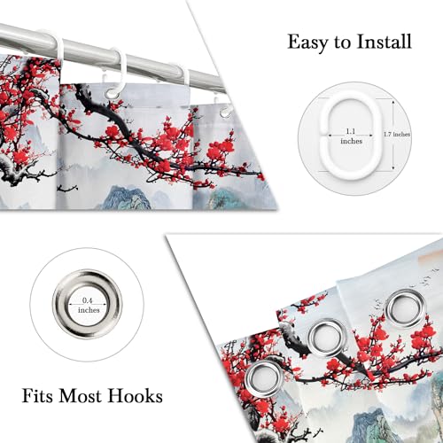 Rtfevg Japanese Shower Curtain Anime Cherry Blossom Asian Oriental Chinese Cool Nature Mountain Red Floral Flowers Lake Tree Abstract Art Fabric Cloth Bathroom Decor Set 60X72 Inch Polyester 12 Hooks thumb #3