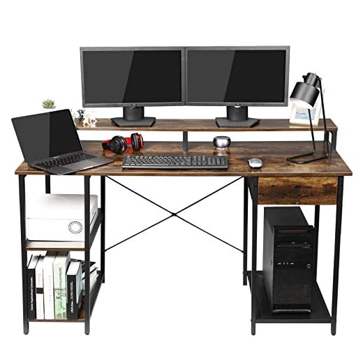 OUTFINE Desk Computer Desk Office Desk with Drawer, Monitor Stand and Storage Shelves