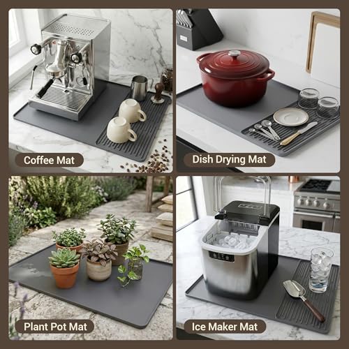 Image of ZJWZLG Silicone Coffee Mat for Countertop, 24x16 inch Heat Resistant Espresso Machine Mat, Non-Slip Coffee Bar Mat with Detachable Drying Area and Raised Edge, Waterproof Station Pad - Grey