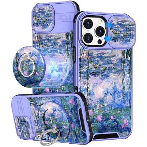 Buleens for iPhone 16 Pro Case 6.3 Inch - with Ring Stand & Camera Cover Aesthetic Cute Designed Women Girls Girly Pretty Kawaii Blue Water Lily Phone Case for iPhone 16 Pro Compatible with Magsafe Cover