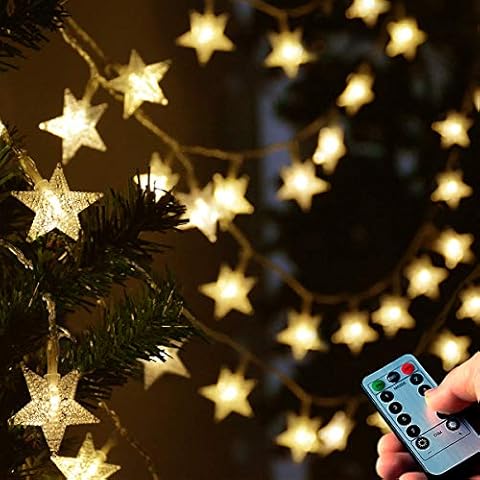 Abkshine Battery Powered Star Fairy Lights, Warm White Christmas Tree Lights, Remote String Lights for Indoor Outdoor Party Wedding Bedroom Patio Umbrella Decorations Cover