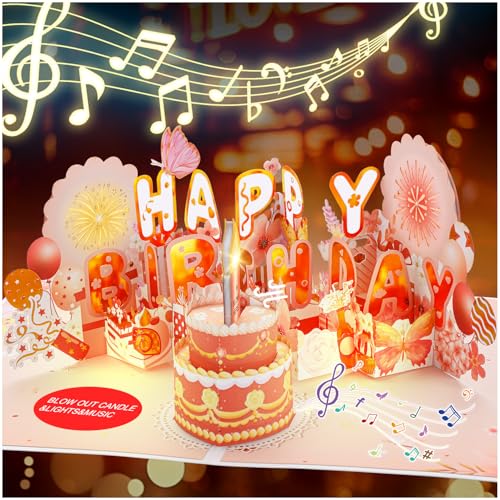 Musical Birthday Cards for Women: 3D Pop up Happy Birthday Card with Blowable Candle and Lights for Girls, DIY All Age Greeting Card Birthday Gifts for Women Mom Wife Girl Sister Daughter