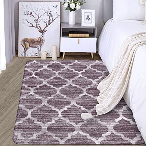 Lahome Moroccan Washable Area Rug - 3'x5' Bedroom Bathroom Entryway Rug Non-Slip Accent Distressed Purple Throw Rug Floor Carpet for Kitchen Entry Laundry Living Room Rug Decor (3’ x 5’, Purple)