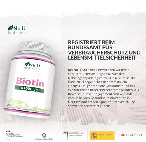 Biotin hochdosiert 10.000 mcg - 365 Vegane Tabletten - Für Haarwuchs, Haut & Nägel - Volle Jahresversorgung - Nahrungsergänzungsmittel von Nu U Nutrition