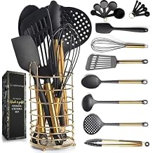 Black and Gold Kitchen Utensils Set with Stainless Steel Holder 18-Piece Nylon Cooking Utensils with Measuring Cups and Spoons Stylish Gold Kitchen Accessories for Baking and Cooking