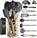 Black and Gold Cooking Utensils with Stainless Steel Gold Utensil Holder - 16-Piece Set Includes Black and Gold Measuring Spoons, Black and Gold Measuring Cups