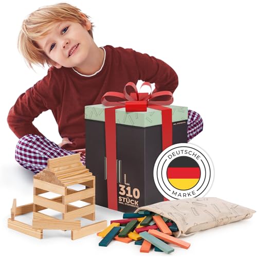 Laleni Bausteine Set - Bausteine Holz Natur 220 Stück + Bauklötze Holz Bunt 90 S