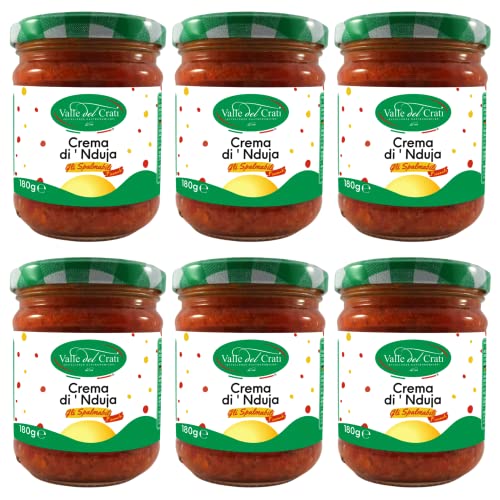 Valle del Crati ECCELLENZE GASTRONOMICHE dal 1998 - Valle del Crati Crème Nduja | Crème à tartiner épicée | Nduja calabrais au piment | Idéal pour les pâtes, pizzas, recettes salées, bruschetta, pain | Pot de 180 grammes