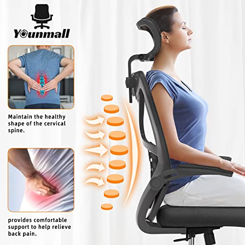 Younmall Ergonomic Office Chair, High Back Desk Chair, Breathable Mesh Desk Chair With Lumbar Support, Adjustable Headrest And Flip-Up Arms, Swivel Task Chair With Adjustable Height (Black) #TOP3