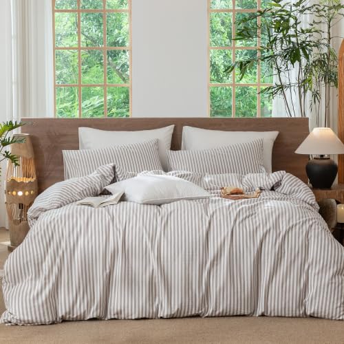 Image of MooMee Striped Duvet Cover Set 100% Washed Cotton Linen Like King | Relaxed Linen-like Texture. Soft, Breathable & Long-lasting Comfort. Lightweight. Hidden Zipper with 8 Interior Corner Ties