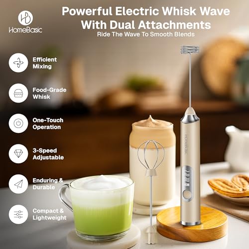 Image of HOMEBASIC Coffee Frother Electric Handheld, 3-Speed Milk Frother Rechargeable with Dual 304 SS Whisks, 8000 RPM Foam Maker for Latte, Cappuccino, Matcha, Eggs | Whisk Wave (Beige)