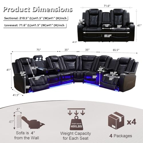 Image of Leather Power Recliner Sectional Sofa Set with LED, Breathing Leather Reclining Corner Couch & Loveseat, L-Shaped Recliner Sofa Power Loveseat with Cup Holders /Storage for Living Room