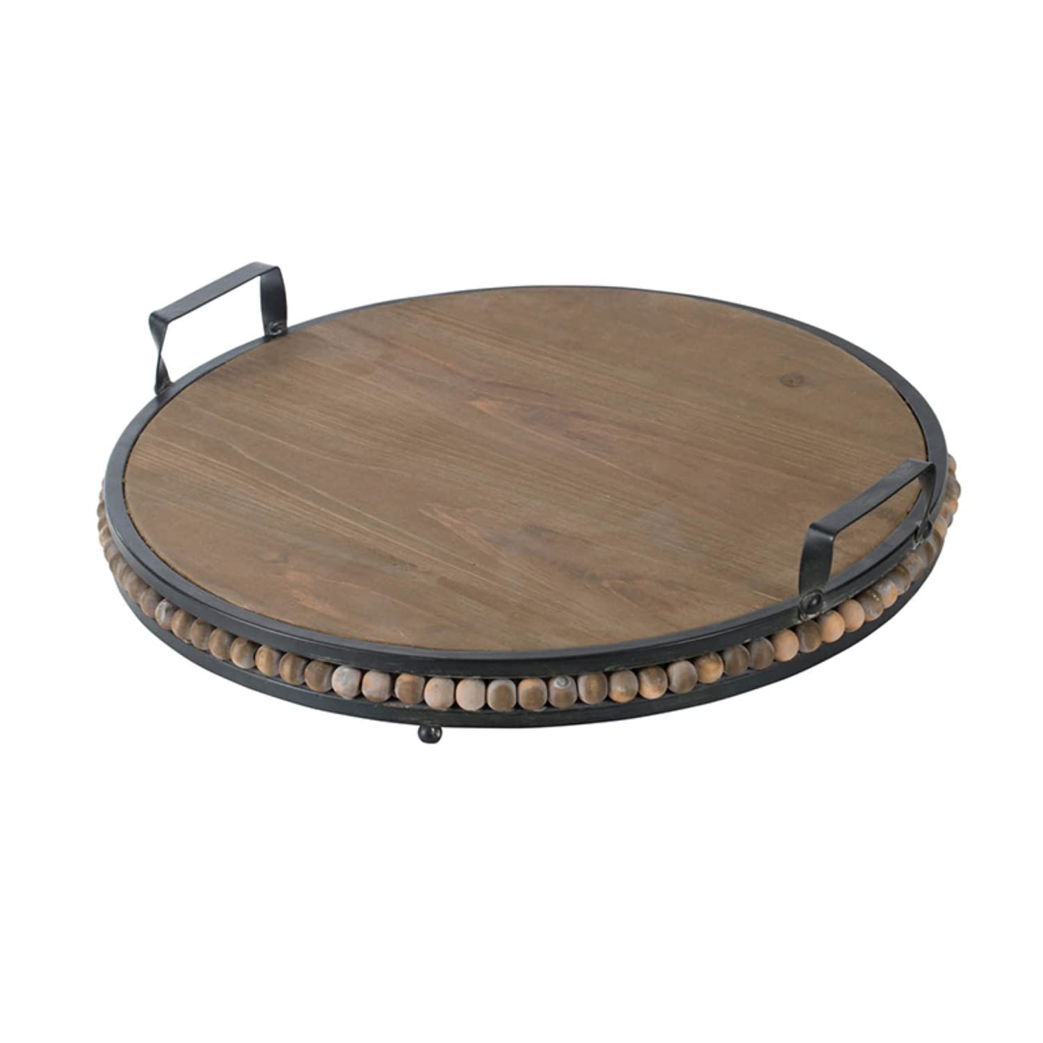 Wood Bead Tray with Metal Handles - 17.5" Dia. x 3.5" - Brown