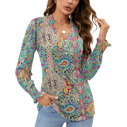 Rapbin Womens V Neck Puff Long Sleeve Button Down Tunic Blouses Fall Tops 2025 Ruffle Cuffs Dressy Casual T-Shirts X-Large Long Sleeve - Old Nation Print