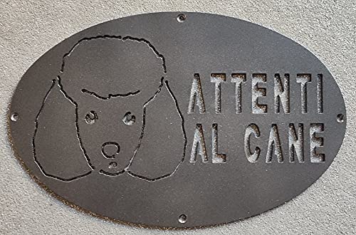 Targa/Targhetta/Cartello 'ATTENTI AL CANE' in ferro Disegno Laser Barboncino 1770