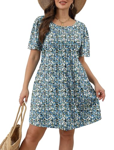 SAMPEEL Womens Pleated Front Summer Dresses Casual Short Sleeve T Shirts Dress with Pockets Vacation Beach Cover UP4