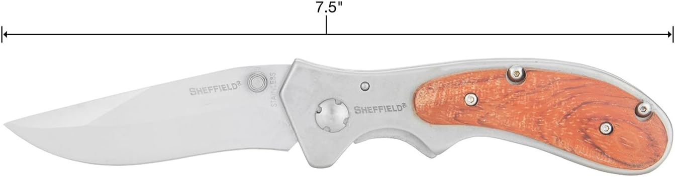 Sheffield 12705 Folding Pocket Knife, EDC Knife with Hardwood Handle, Ambidextrous Thumb Stud, Pocket Clip, Nylon Pouch, Dad Gifts, Men Gifts, EDC Gear