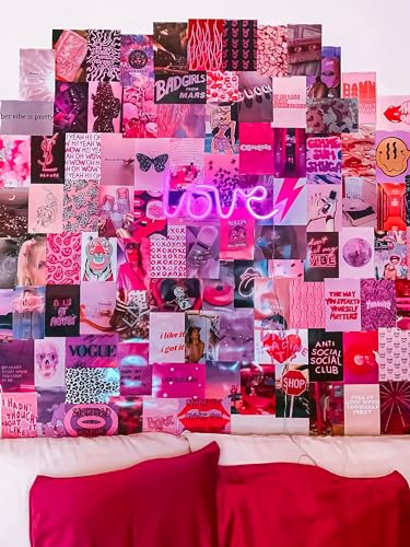 Image of Paper9store Pack Of 50 Aesthetic Wall Collage Kit - 4?6 Inches Self Adhesive Wall Posters For Bedroom, Living Room, Office A6 Size (Pink girly)