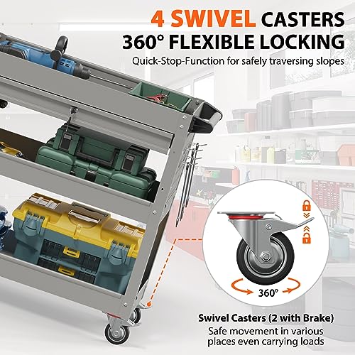 Image of 3 Tier Heavy Duty Rolling Tool Cart with Drawers, Large Storage Utility Cart on Wheels for Garage, Warehouse, Repair Shop (Gray)