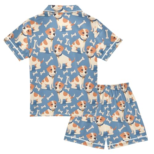ALAZA Cute Dog Bone Blue Satin Pajamas Set Short Sleeve Button Down Sleepwear Summer Pjs 2 Piece2