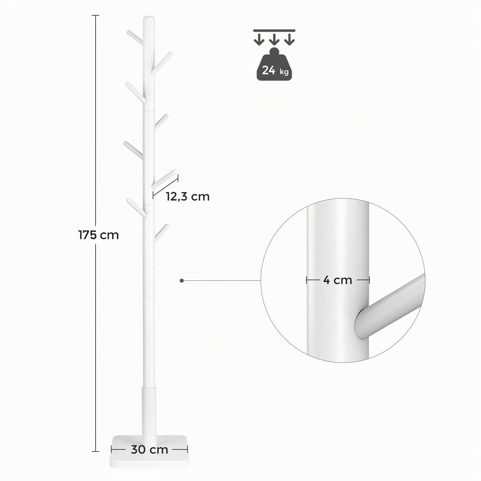 VASAGLE Appendiabiti da Terra Set di 2, in Legno, con 8 Ganci | Attaccapanni Moderno, Altezza Regolabile, Base Quadrata, Porta Abiti per Ingresso e Camera da Letto, Bianco Nuvola