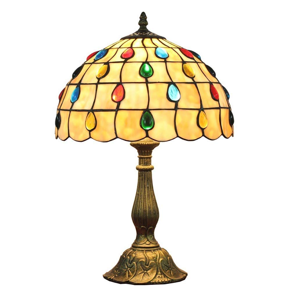 Mozaikowy szklany stolik, lampka nocna, lampa z brązową podstawą