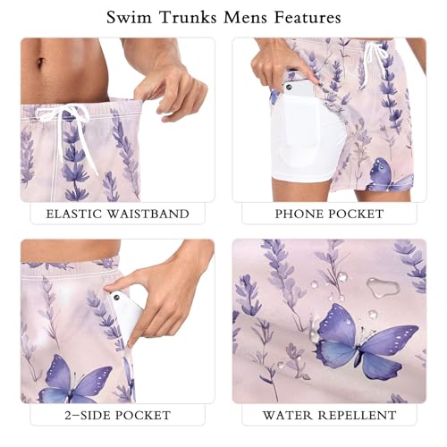 xigua Watercolor Lavender Mens Swim Trunks with Liner, 5 inch Quick Dry Mens Boardshorts for Beach3