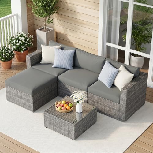 Wisteria Lane 5-Pieces Outdoor Patio Furniture Set, All Weather Wicker Rattan Sectional Sofa, Patio Conversation Set with Cushions & Glass Coffee Table for Backyard Porch Garden Balcony, Grey