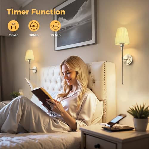 Image of DORESshop Battery Operated Wall Sconce Set of 2, 10 Color Wireless Wall Light Easy to Install, Sconce Wall Decor Set of 2 for Bedroom, Living Room, Pleated Fabric Shade, Nickel, 24.6in