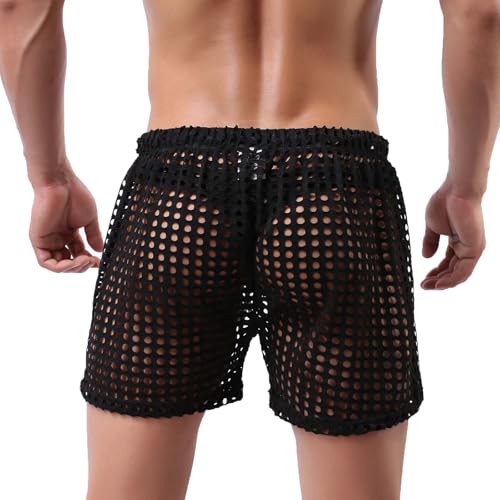 Mens Sexy Hollow Out Mesh Shorts Valentine's Day Pajamas Shorts Drawstring Elastic Waist Lounge Short Pants3