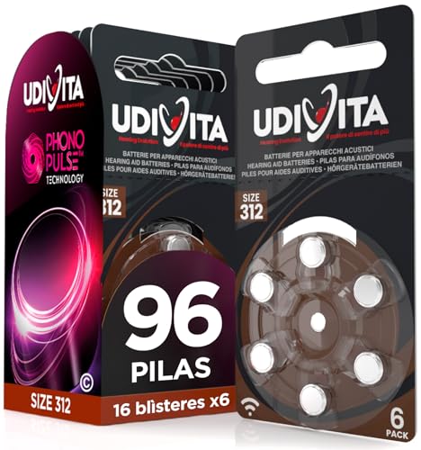 96 Pilas para Audífonos Udivita Tamaño 312 Tecnología Phono Pulse - 16 Blisters de 6 Pilas
