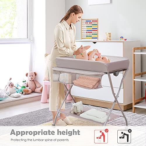 GYMAX Foldable Baby Changing Table, Rolling Infant Care Station with Storage Basket and Rack, Newborn Bath and Massage Table for 0-12 Month (Grey)
